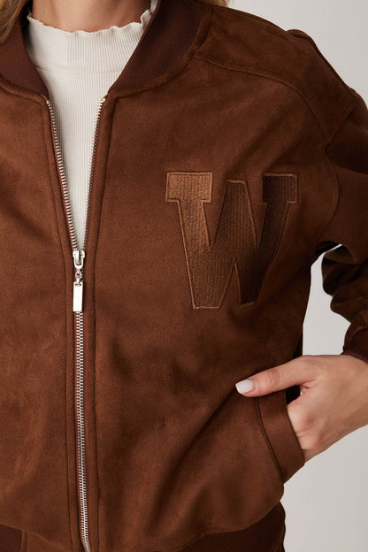 SUEDE BOMBER JACKET WITH LETTER EMBROIDERY