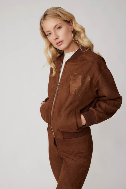 SUEDE BOMBER JACKET WITH LETTER EMBROIDERY