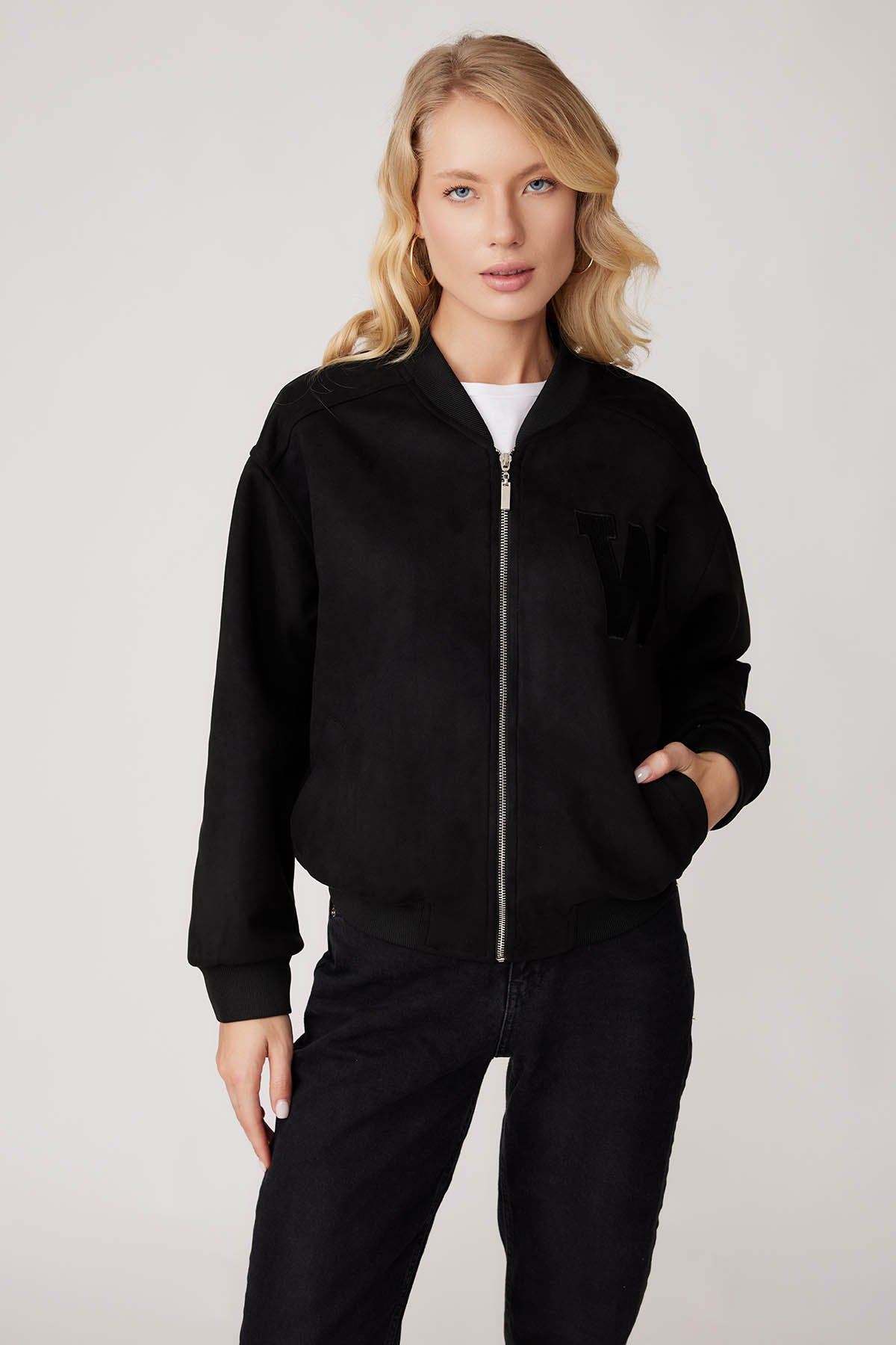SUEDE BOMBER JACKET WITH LETTER EMBROIDERY