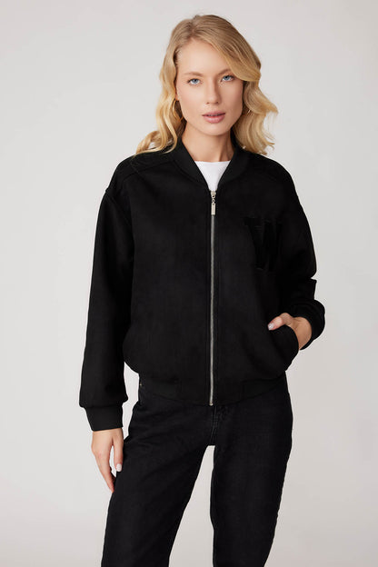 SUEDE BOMBER JACKET WITH LETTER EMBROIDERY