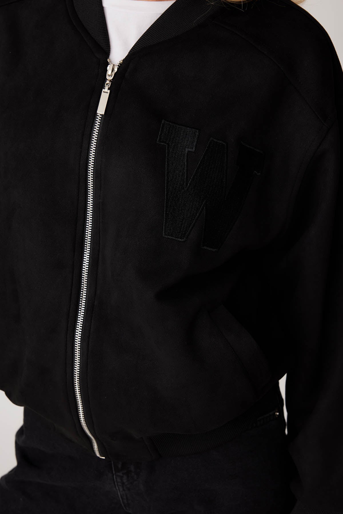 SUEDE BOMBER JACKET WITH LETTER EMBROIDERY