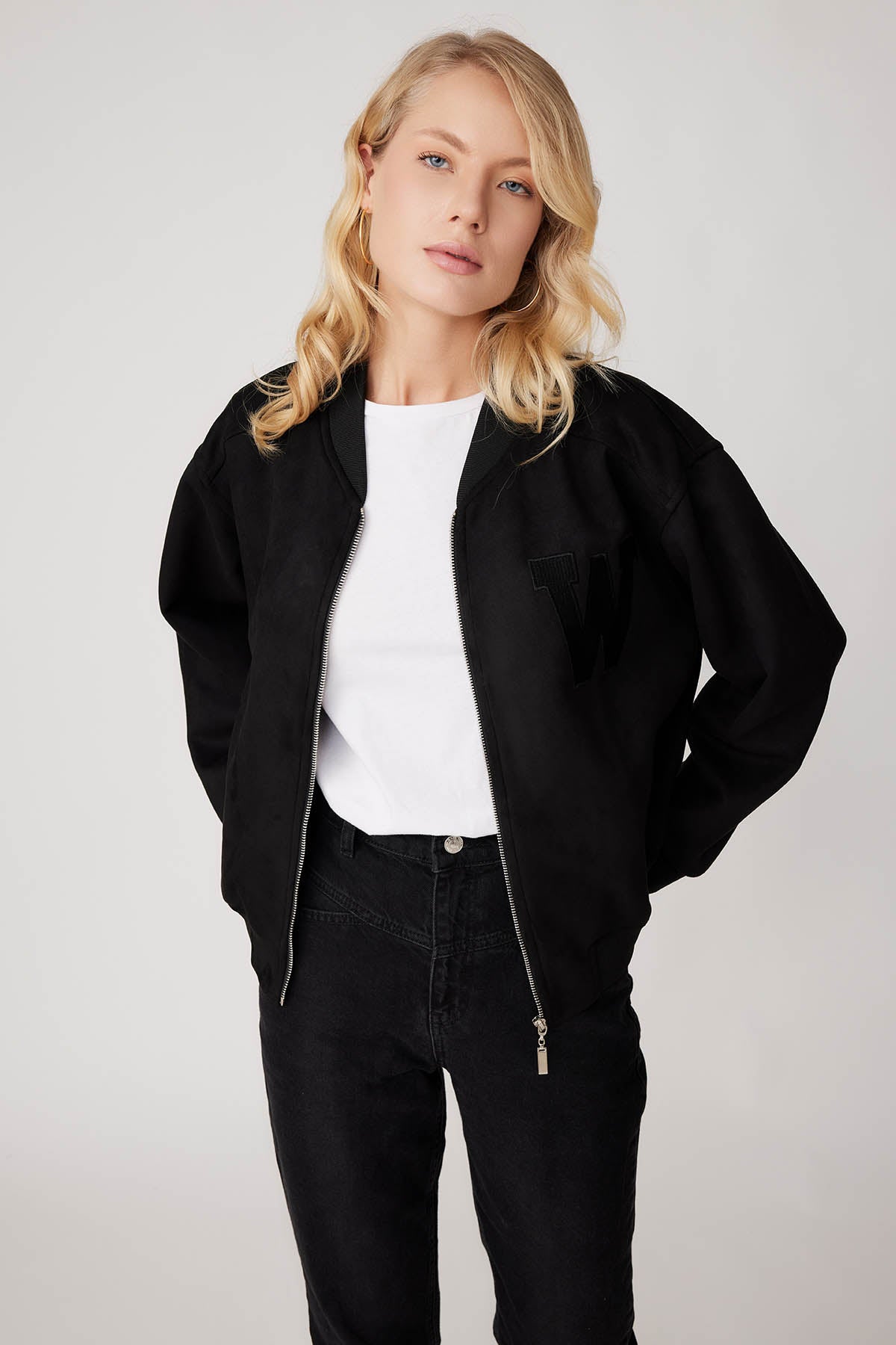 SUEDE BOMBER JACKET WITH LETTER EMBROIDERY