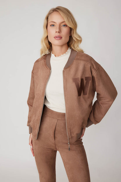 SUEDE BOMBER JACKET WITH LETTER EMBROIDERY