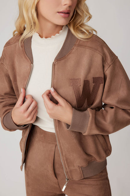 SUEDE BOMBER JACKET WITH LETTER EMBROIDERY