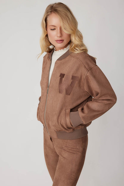 SUEDE BOMBER JACKET WITH LETTER EMBROIDERY