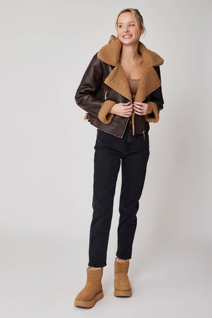 CROP LEATHER BIKER JACKET WITH ARTIFICIAL FUR