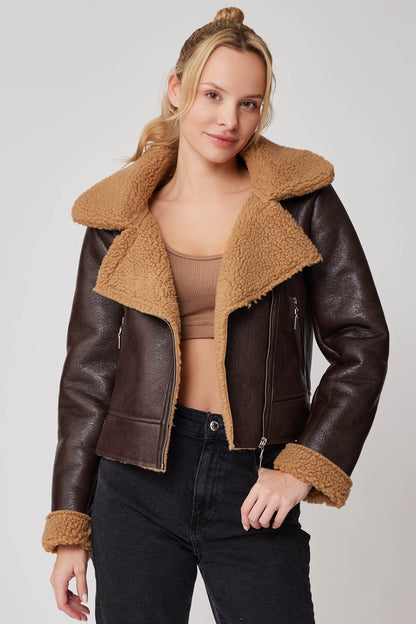 CROP LEATHER BIKER JACKET WITH ARTIFICIAL FUR