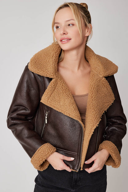 CROP LEATHER BIKER JACKET WITH ARTIFICIAL FUR