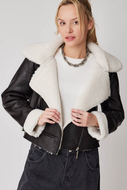 CROP LEATHER BIKER JACKET WITH ARTIFICIAL FUR