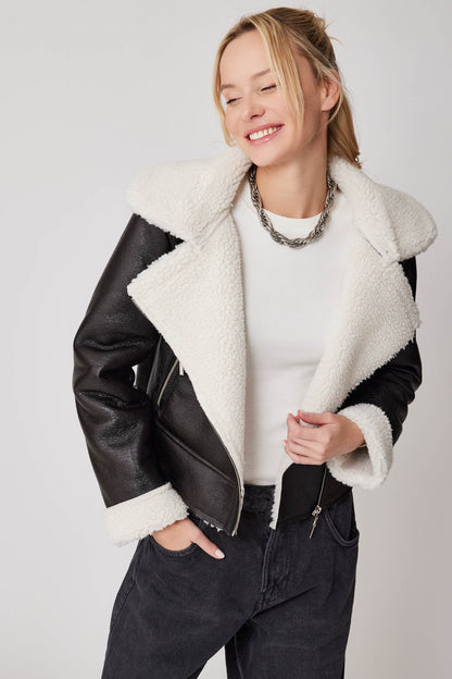 CROP LEATHER BIKER JACKET WITH ARTIFICIAL FUR