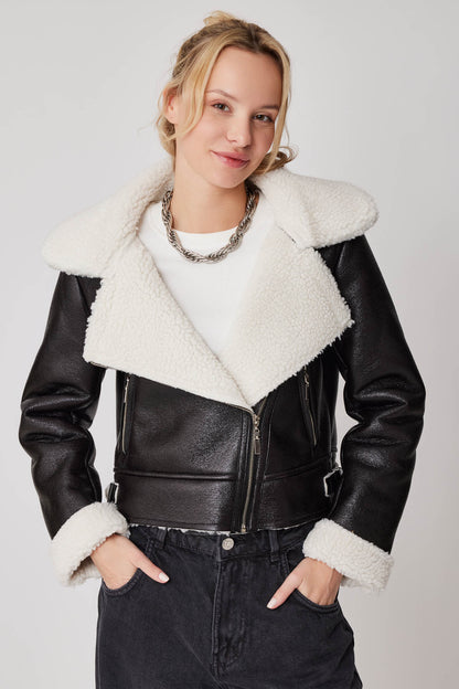 CROP LEATHER BIKER JACKET WITH ARTIFICIAL FUR