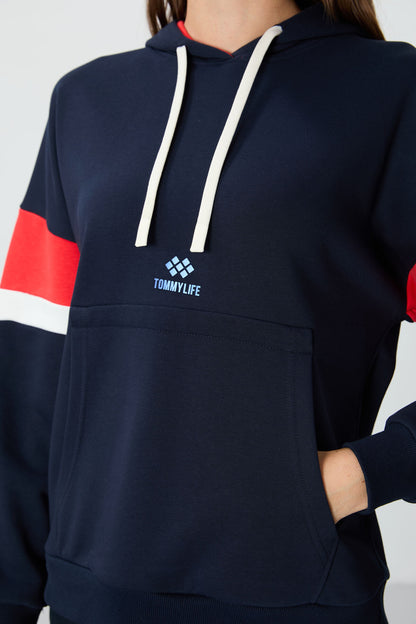 Indigo Compact Cotton Thick Smooth Textured Hooded Oversize Fit Women's Sweatshirt - 97290