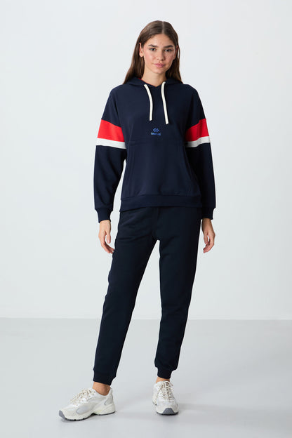 Indigo Compact Cotton Thick Smooth Textured Hooded Oversize Fit Women's Sweatshirt - 97290