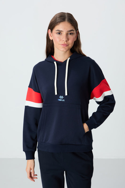 Indigo Compact Cotton Thick Smooth Textured Hooded Oversize Fit Women's Sweatshirt - 97290