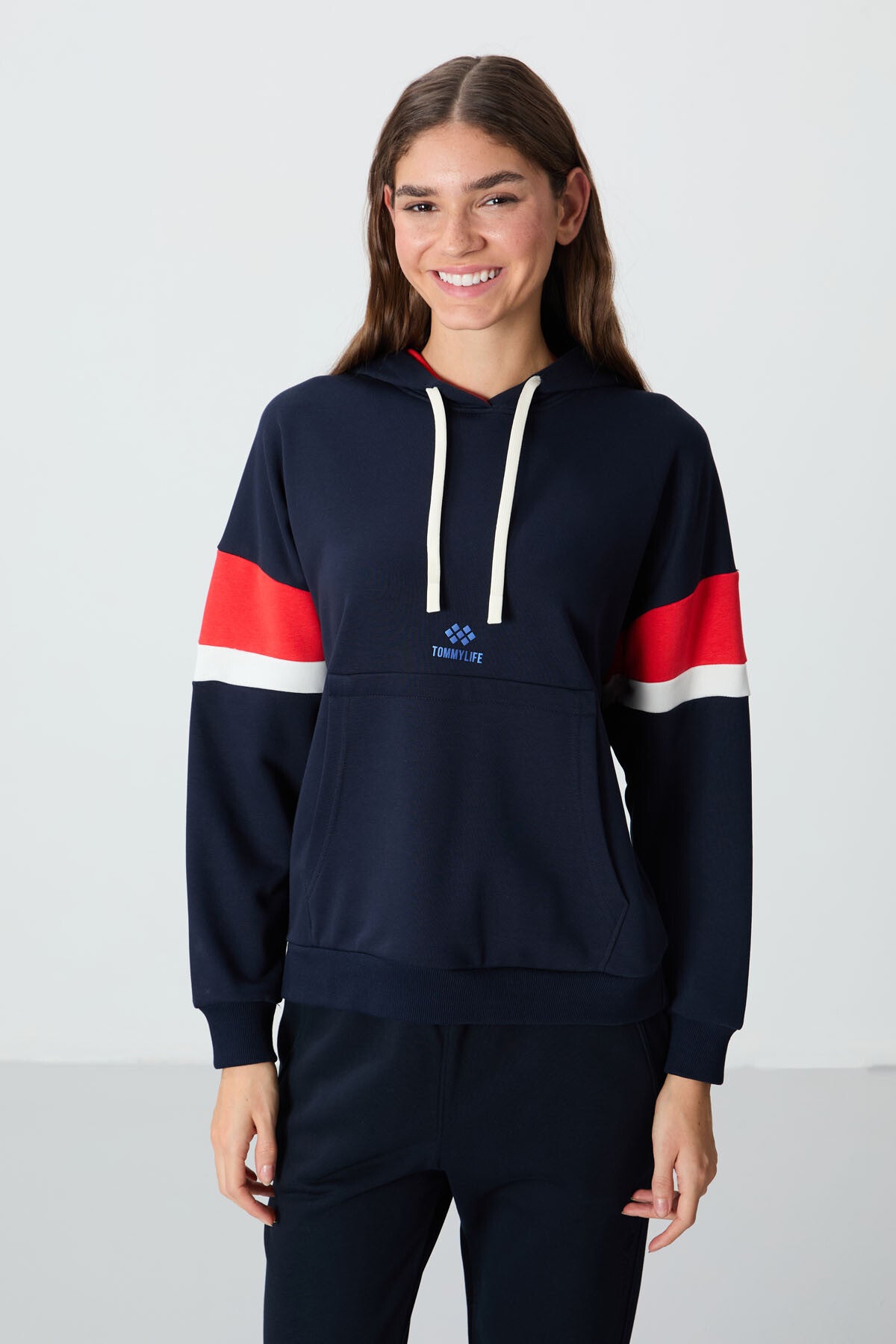 Indigo Compact Cotton Thick Smooth Textured Hooded Oversize Fit Women's Sweatshirt - 97290