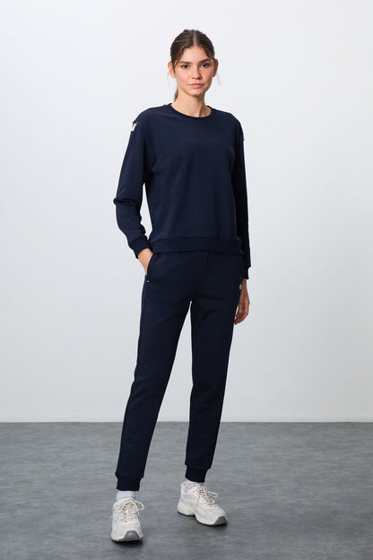 Indigo Compact Cotton Thick Smooth Textured O Collar Oversize Fit Women's Tracksuit Set - 95341