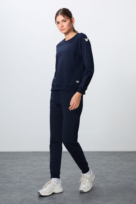 Indigo Compact Cotton Thick Smooth Textured O Collar Oversize Fit Women's Tracksuit Set - 95341