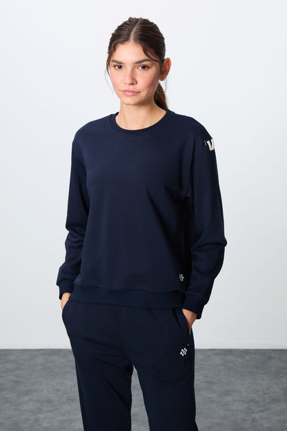 Indigo Compact Cotton Thick Smooth Textured O Collar Oversize Fit Women's Tracksuit Set - 95341