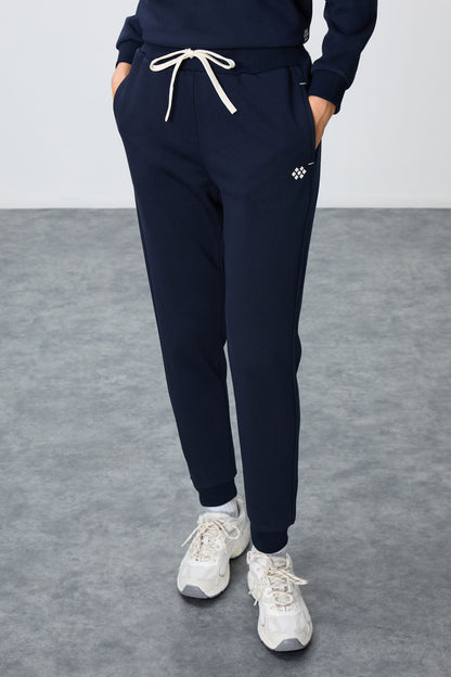Indigo Compact Cotton Thick Smooth Textured O Collar Oversize Fit Women's Tracksuit Set - 95341