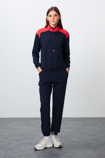Indigo Compact Cotton Thick Smooth Textured Stand Collar Oversize Fit Women's Tracksuit Set - 95342