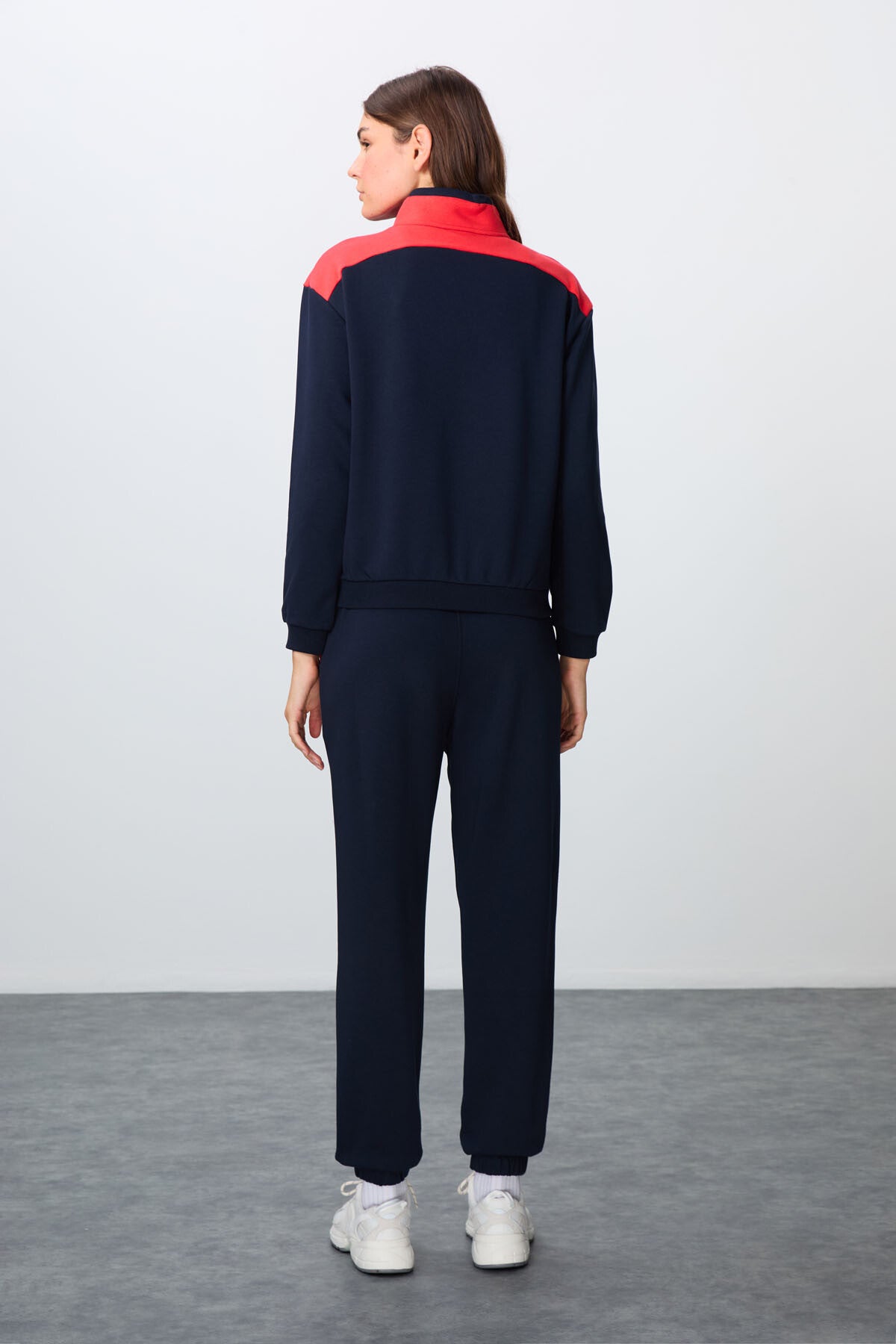 Indigo Compact Cotton Thick Smooth Textured Stand Collar Oversize Fit Women's Tracksuit Set - 95342