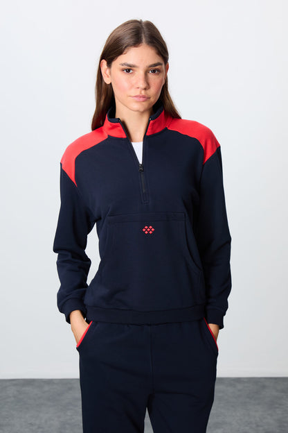 Indigo Compact Cotton Thick Smooth Textured Stand Collar Oversize Fit Women's Tracksuit Set - 95342