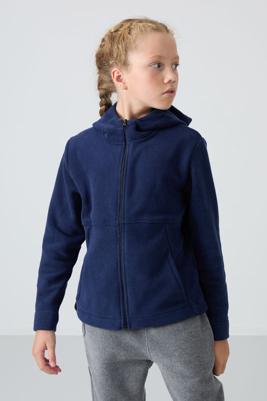 Indigo Thick Soft Textured Standard Fit Embroidered Fleece Girls' Sweatshirt - 75152