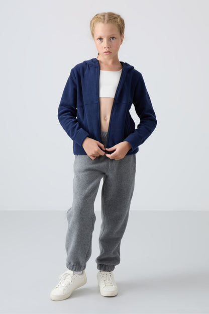 Indigo Thick Soft Textured Standard Fit Embroidered Fleece Girls' Sweatshirt - 75152