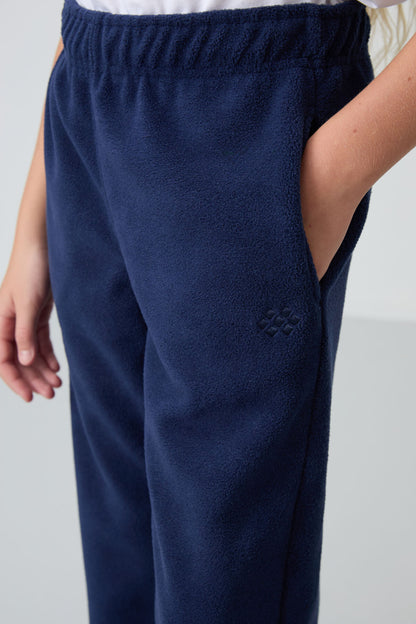 Indigo Thick Soft Textured Standard Fit Embroidered Fleece Girls' Tracksuit Bottom - 75155