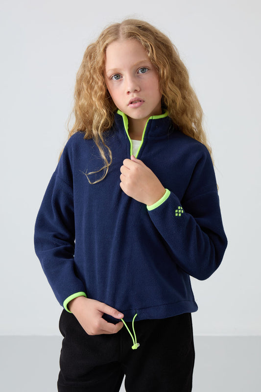 Indigo Thick Soft Textured Standard Fit Embroidered Fleece Girl's Sweatshirt - 75151