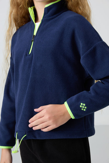 Indigo Thick Soft Textured Standard Fit Embroidered Fleece Girl's Sweatshirt - 75151