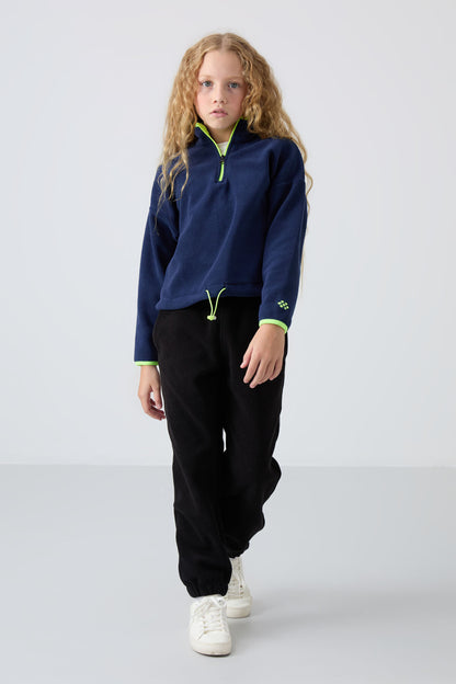 Indigo Thick Soft Textured Standard Fit Embroidered Fleece Girl's Sweatshirt - 75151
