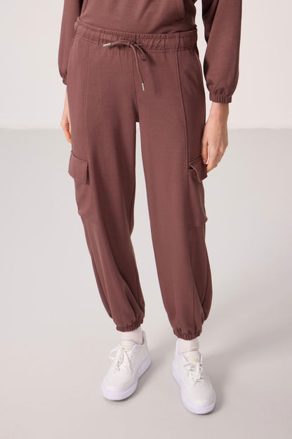 Brown Soft Textured Stand Collar Hidden Zipper Oversize Women's Tracksuit Set - 95351