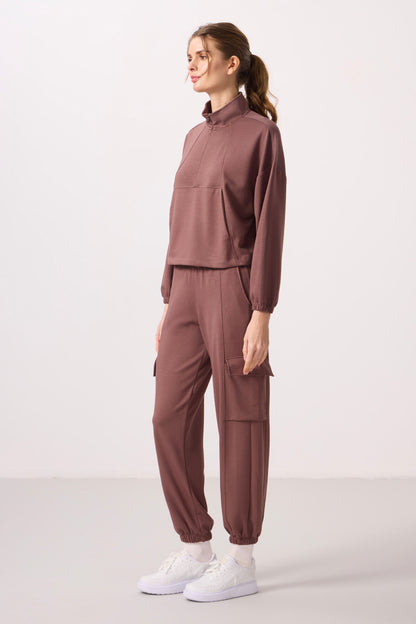 Brown Soft Textured Stand Collar Hidden Zipper Oversize Women's Tracksuit Set - 95351
