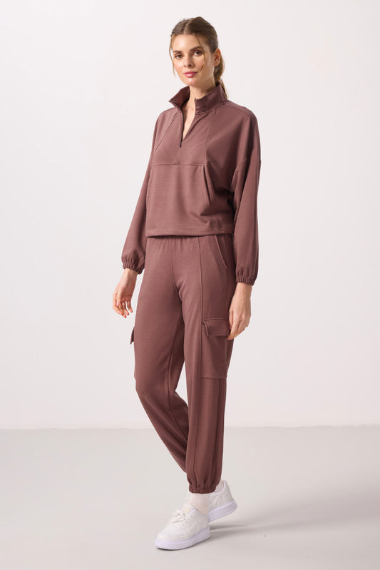 Brown Soft Textured Stand Collar Hidden Zipper Oversize Women's Tracksuit Set - 95351