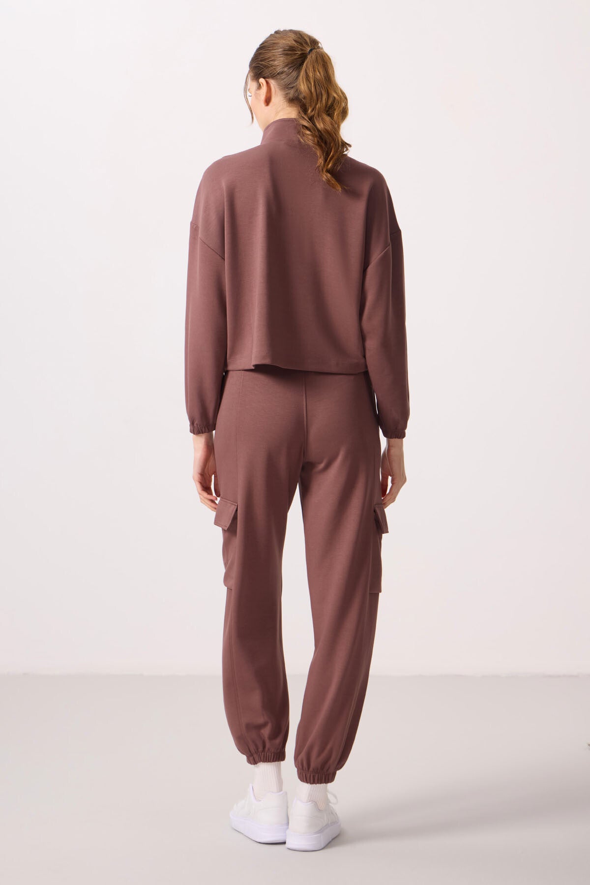 Brown Soft Textured Stand Collar Hidden Zipper Oversize Women's Tracksuit Set - 95351