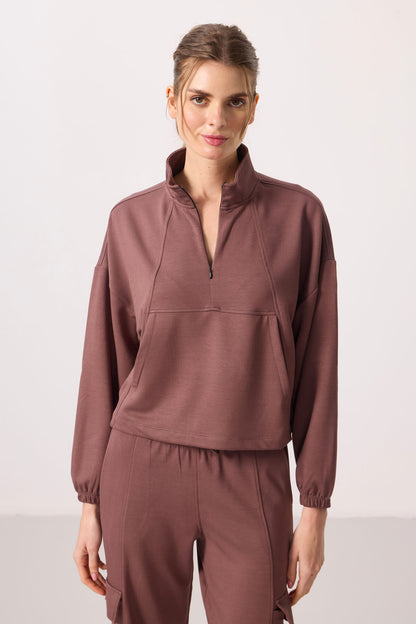 Brown Soft Textured Stand Collar Hidden Zipper Oversize Women's Tracksuit Set - 95351