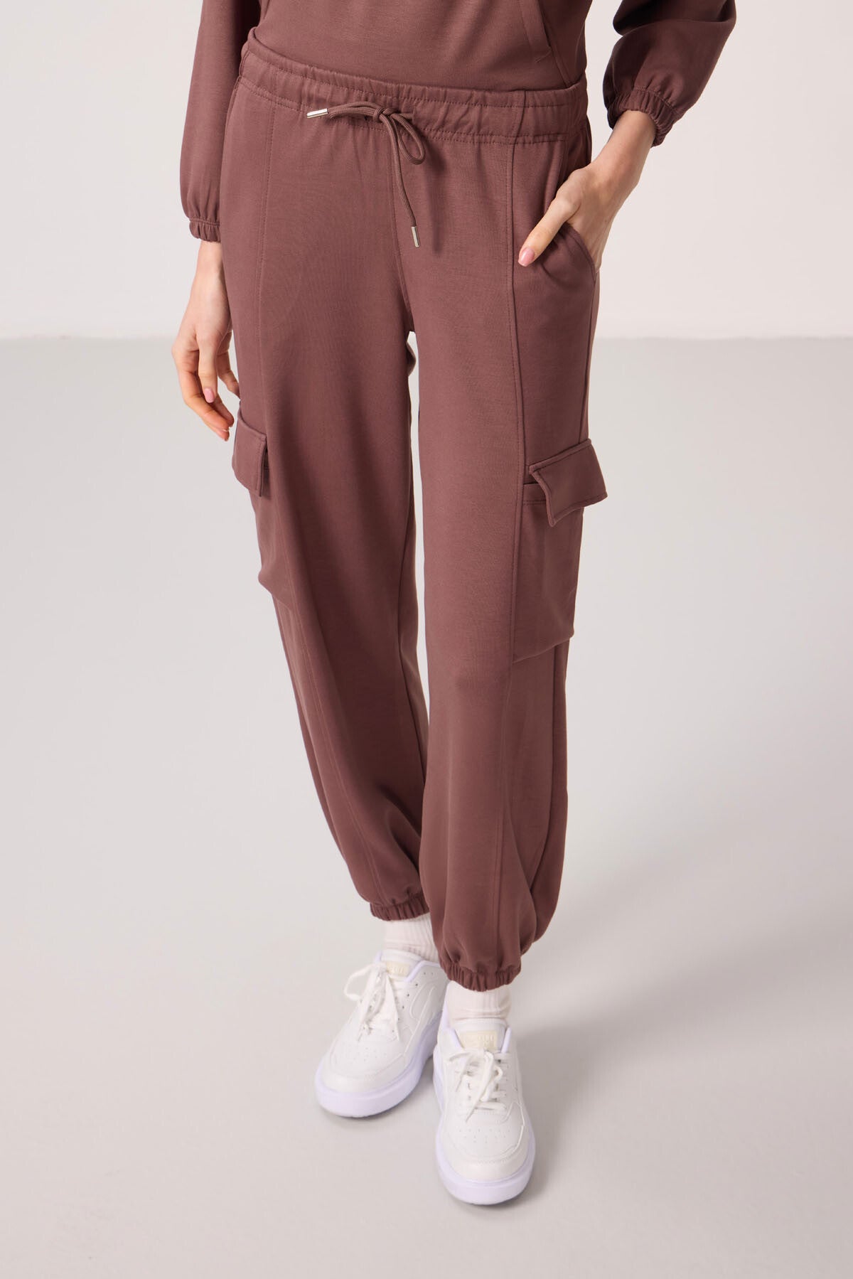 Brown Soft Textured Stand Collar Hidden Zipper Oversize Women's Tracksuit Set - 95351