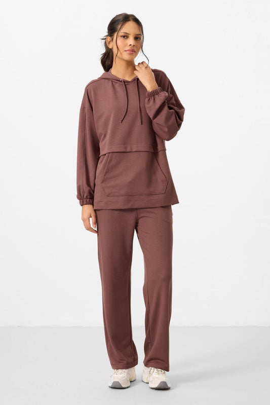 Oversize women tracksuit tunic with brown soft cloth hood Set - 95348