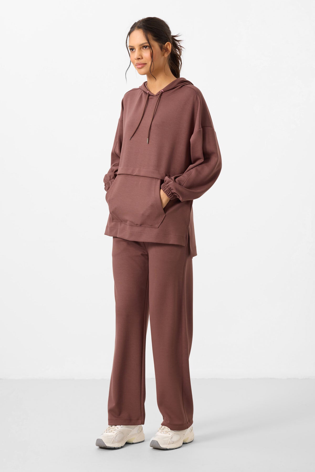 Oversize women tracksuit tunic with brown soft cloth hood Set - 95348