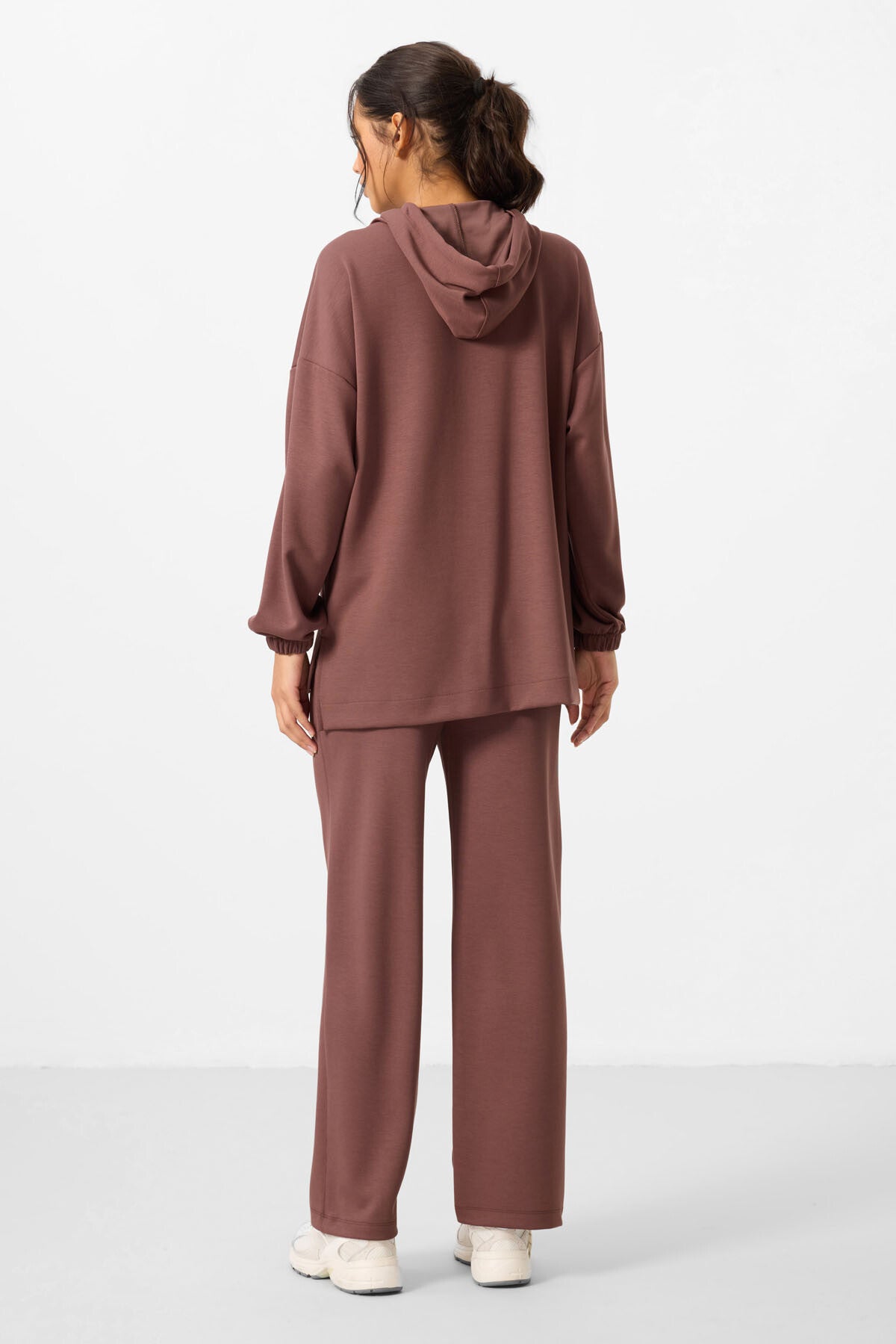 Oversize women tracksuit tunic with brown soft cloth hood Set - 95348