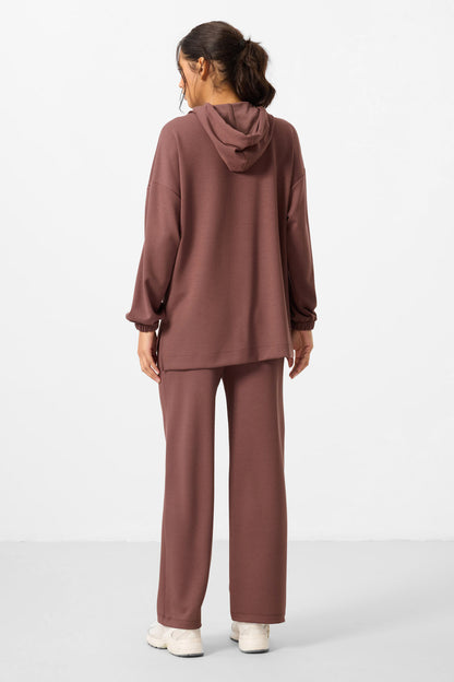 Oversize women tracksuit tunic with brown soft cloth hood Set - 95348