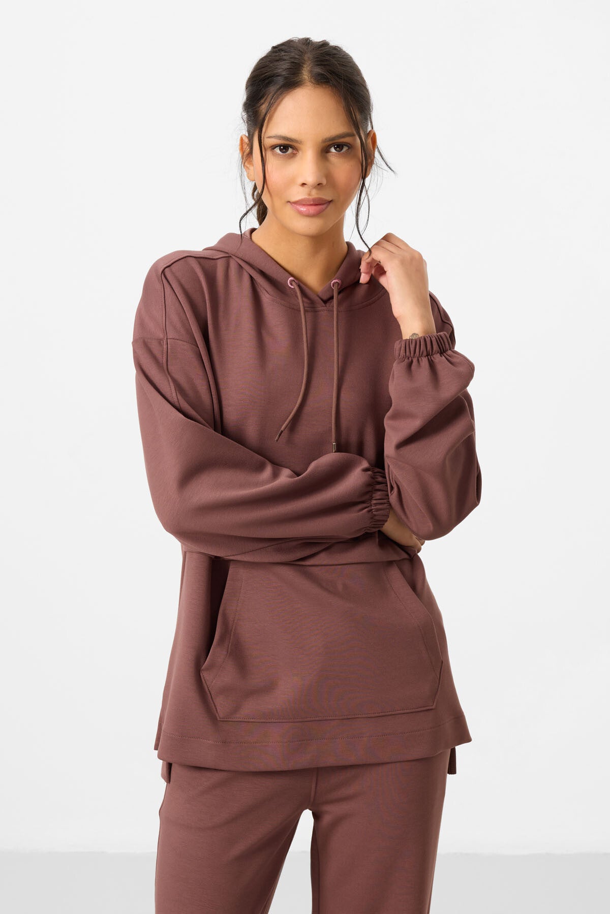 Oversize women tracksuit tunic with brown soft cloth hood Set - 95348