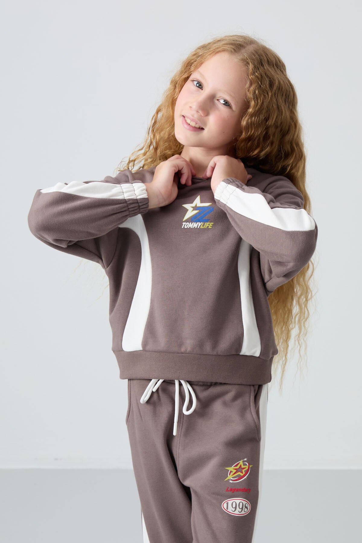 Brown Cotton Fleece-Lined Soft Textured Standard Fit Printed Girls' Tracksuit Set - 75166