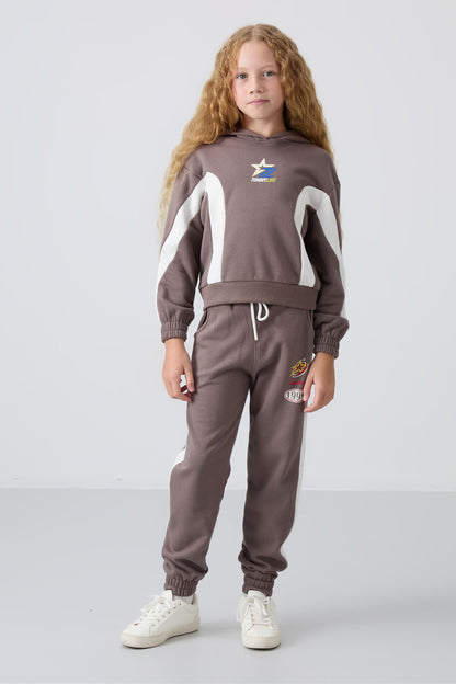 Brown Cotton Fleece-Lined Soft Textured Standard Fit Printed Girls' Tracksuit Set - 75166