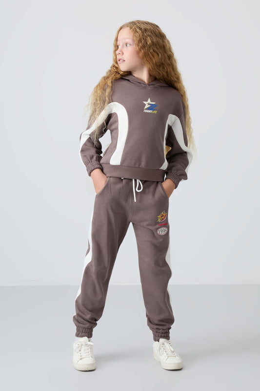 Brown Cotton Fleece-Lined Soft Textured Standard Fit Printed Girls' Tracksuit Set - 75166