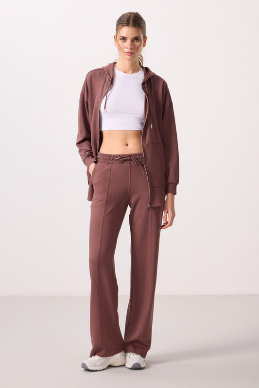 Brown Soft Textured Pocketed Front Seam Detailed Women's Palazzo Trousers - 94670