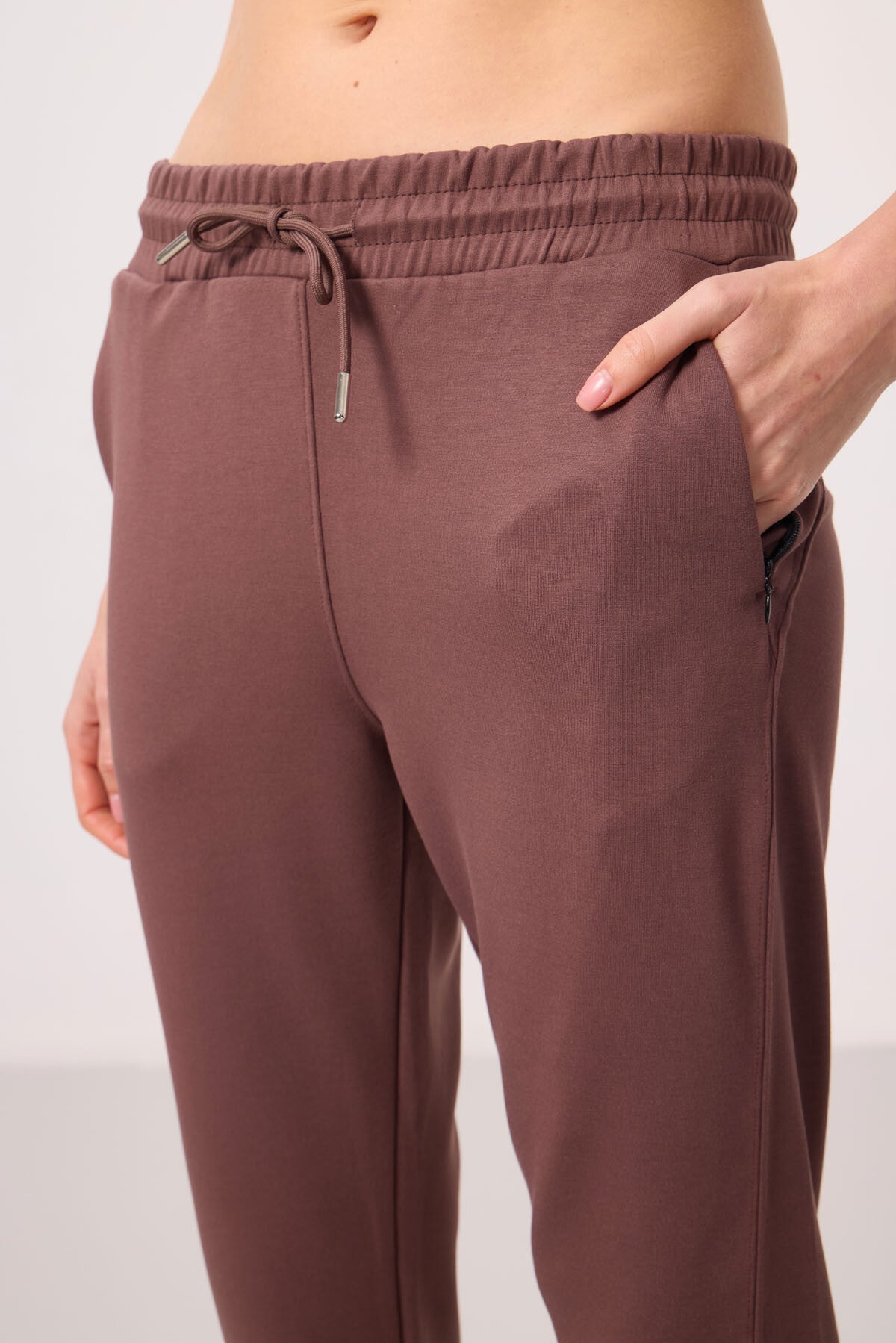 Brown Soft Textured Hidden Zipper Slim Leg Women's Trousers - 94668