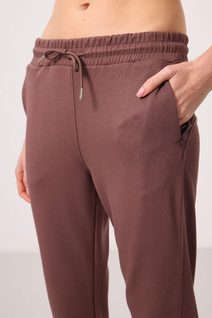 Brown Soft Textured Hidden Zipper Slim Leg Women's Trousers - 94668