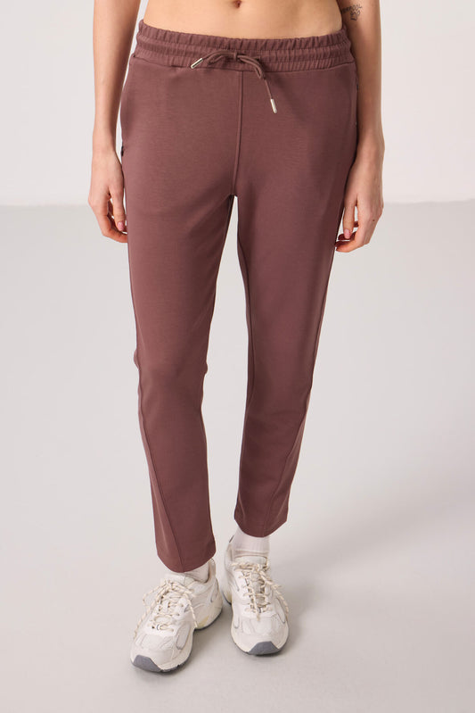 Brown Soft Textured Hidden Zipper Slim Leg Women's Trousers - 94668